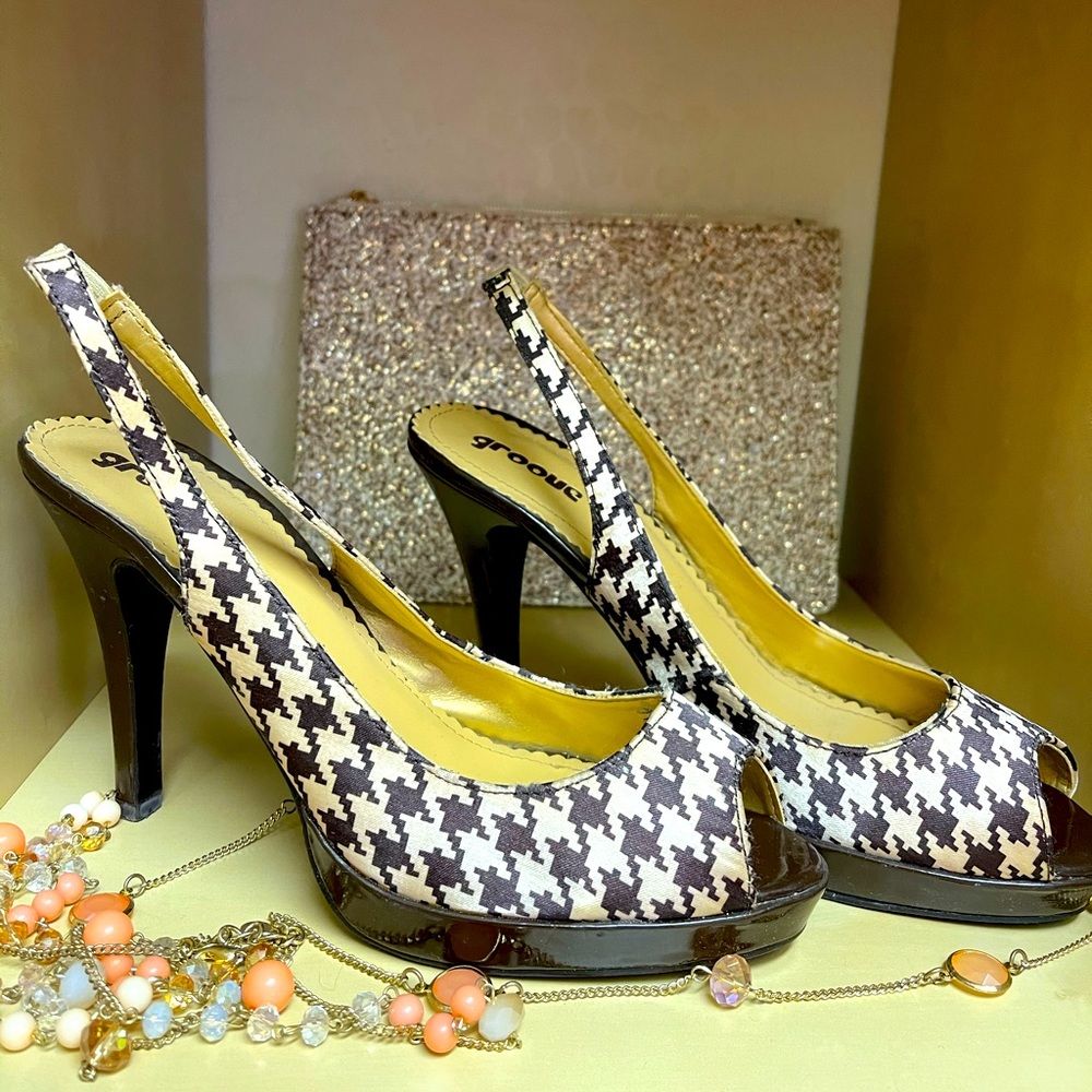 Brown and White Tile Print Heels
